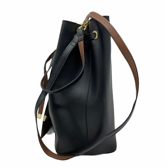 Rachel Roy Womens Bucket Bag Black Leather Magnetic Snap Drawstring Sling NEW - Picture 2 of 6
